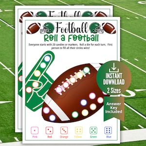 May include: Two printable football-themed game sheets. The main sheet features a brown football graphic with colored circles, a foam finger, and the text "Roll a Football." Includes an instant download with two sizes and an answer key.