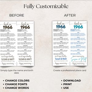 60th Anniversary Place Cards, Editable 60th Married in 1966 Party Decorations, 1966 Table Cards, Anniversary Gift, Back in 1966 News image 5