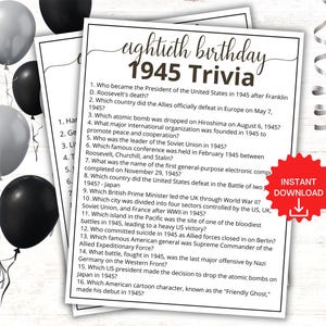 1945 Trivia Game, 80th Birthday Party Games, Born in 1945 Game, 1945 Birthday Games, 80th Birthday Games