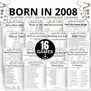 18e verjaardagsfeestspellen, spel Born in 2008, 2008 verjaardagsspellen, 18e verjaardag spelbundelcadeau, triviaquiz 2008, popcultuurspel 2008