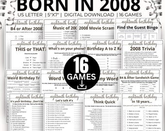 18th Birthday Party Games, Born in 2008 Game, 2008 Birthday Games, 18th Birthday Game Bundle Gift, 2008 Trivia Quiz, 2008 Pop Culture Game