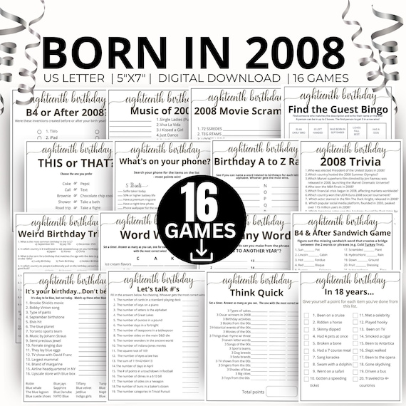 18th Birthday Party Games, Born in 2008 Game, 2008 Birthday Games, 18th Birthday Game Bundle Gift, 2008 Trivia Quiz, 2008 Pop Culture Game