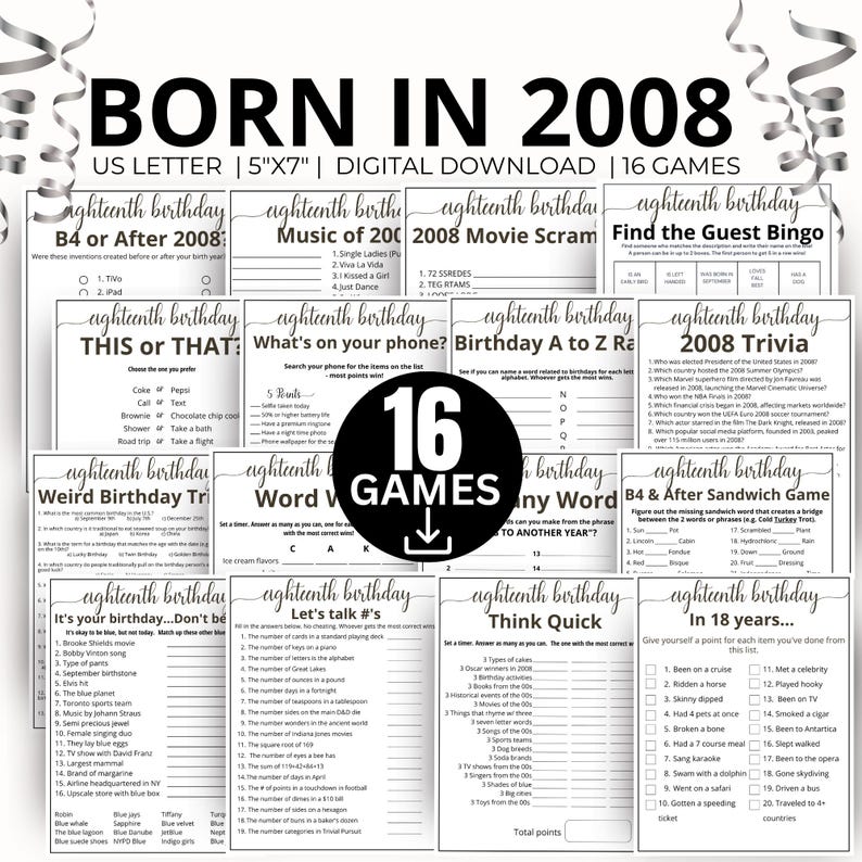 18th Birthday Party Games, Born in 2008 Game, 2008 Birthday Games, 18th Birthday Game Bundle Gift, 2008 Trivia Quiz, 2008 Pop Culture Game image 1