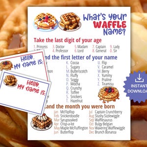Juego de &quot;¿Cuál es tu nombre de waffle?&quot; con etiquetas y letrero, juego para fiesta de pijamas, desayuno y brunch con waffles, Día Nacional del Waffle