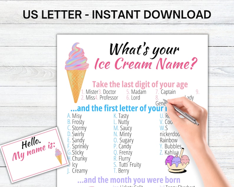 What's Your Ice Cream Name Game, Ice Cream Party Game, Ice Cream Party