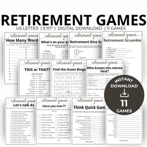 Pensioenfeestspellen, pensioenspelbundel, kantoorfeestspellen, goede wensen voor de gepensioneerde, pensioenspellen cadeau afdrukbaar, 11 leuke spellen