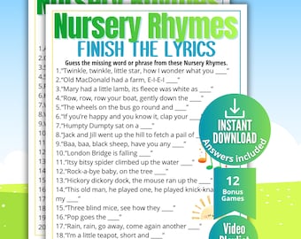 Nursery Rhyme Finish the Lyrics Trivia Game,Printable Nursery Rhymes Songs Game for Kids & Moms, Baby Shower Music Activity,Daycare Activity