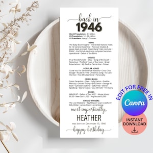 Tarjetas de mesa para 80 cumpleaños, decoraciones editables para fiestas de 80 cumpleaños, tarjetas de mesa para nacidos en 1946, regalo de cumpleaños para ella y para él, noticias de 1946