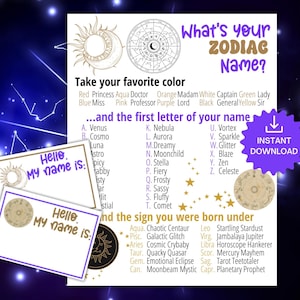 Jogo "Qual é o seu nome do zodíaco com crachás e signo", jogo de festa de astrologia, atividade com cartas de tarô, gerador de nomes do zodíaco, chá de bebê com leitura do zodíaco