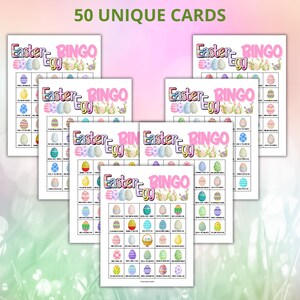 May include: A stack of Easter Bingo cards with colorful Easter egg illustrations. The cards have the text "Easter Egg Bingo" in pink and green. The top of the image reads "50 UNIQUE CARDS".