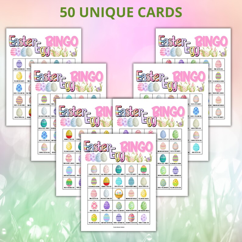 May include: A stack of Easter Bingo cards with colorful Easter egg illustrations. The cards have the text "Easter Egg Bingo" in pink and green. The top of the image reads "50 UNIQUE CARDS".