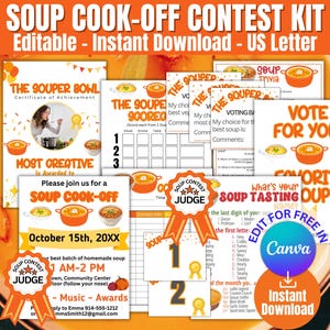 Editable Soup Cook-off Kit Templates, Soup Cook-off Competition,Contest Flyer/Invitation,Customizable Canva Award Template,Church Fundraiser
