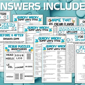 May include: A collection of printable word game activity sheets featuring titles like First 2 Letters, Quacky Wacky Super Weird Trivia, Name That Ice Cream Flavor, 3 of a Kind, Sandwiched, Rebus Puzzles Brainteasers, and Fix the Mix with answers included.