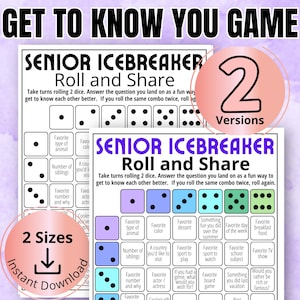May include: Two printable versions of a senior icebreaker game. The game is called "Roll and Share" and uses two dice to answer questions about favourite things, hobbies, and personal experiences. The game is designed to help people get to know each other better.