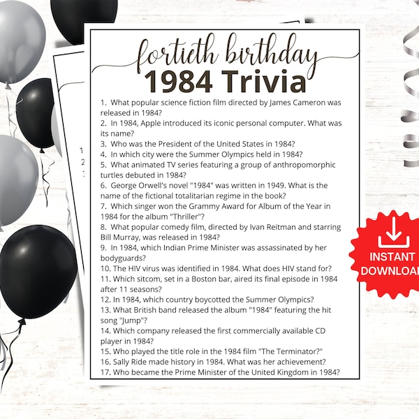 1984 Trivia Game, 40th Birthday Party Games, Born in 1984 Game, 1984 Birthday Games, 40th Birthday Games