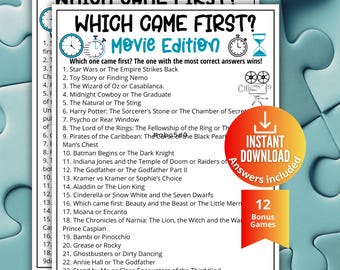 Jeu-questionnaire sur la culture pop sur les films, Devinez lequel est arrivé en premier, Jeu à imprimer pour enfants et adultes, Soirée jeux en famille, Fêtes de bureau amusantes, Quiz sur les films