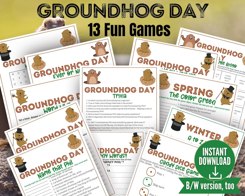 Groundhog Day Game Bundle, Groundhog Day Trivia, Groundhog Celebration Games,Groundhog Bingo,Classroom Groundhog Day Activity 12 Game Bundle image 1