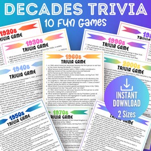 Decades Trivia Game Bundle, Trivia Questions 20s, 30s, 40s, 50s, 60s, 70s, 80s, 90s, 00s, 10s, Decades Party Games for adults, Birthday gift
