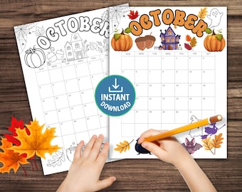 Coloring Calendar for October 2025, Monthly Coloring Calendar for Kids, Teacher Calendar Craft, Fall Printable Activity for kids and Daycare