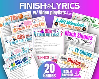 Paquete de juegos de preguntas y respuestas sobre letras de canciones, juegos de música de los 90, 80, 70, 60, 50 y 40 para niños, adolescentes, adultos y personas mayores, juegos de memoria para personas mayores, fiesta de preguntas y respuestas sobre canciones.