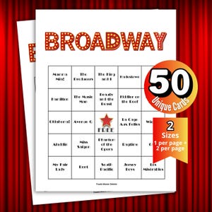 May include: A white sheet of paper featuring a Broadway bingo game. The title "Broadway" is in red with yellow accents. The game includes 50 unique cards and two sizes. The game features popular West End shows.