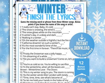 Winter Finish the Lyrics Trivia Game, Printable Winter Games for Kids Teens Adults, Christmas Holiday Party Activity,Music Ideas for Seniors