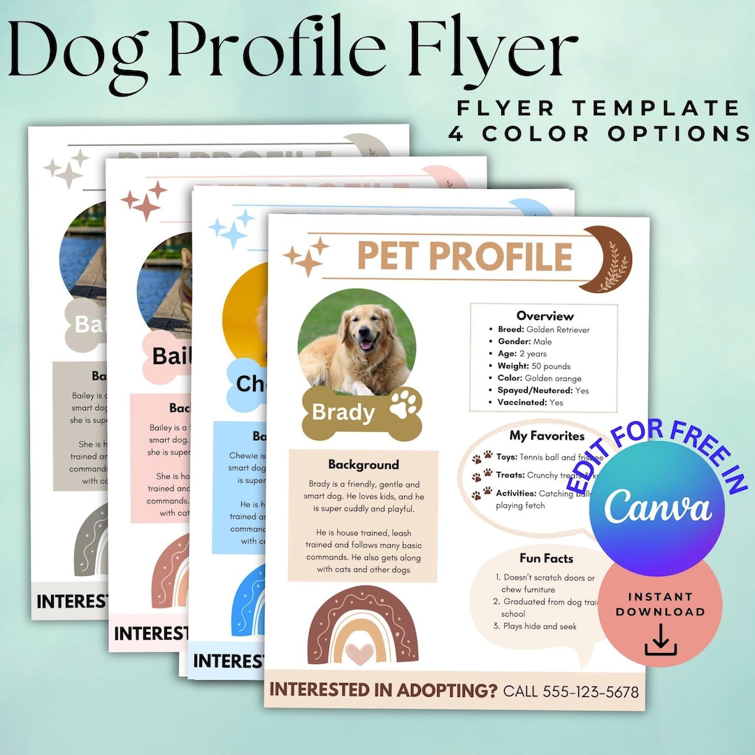 Editable Pet Profile CANVA Template, Dog Adoption Marketing Flyer