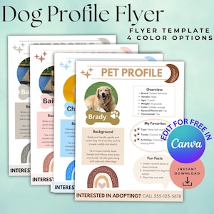 Bewerkbare CANVA-sjabloon voor huisdierprofiel, marketingflyer voor hondenadoptie, afdrukbare hondenopvang, opmerkingen huisdieroppas, over mijn puppy Dog.Animal Rescue