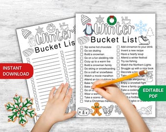 Winter Bucket List Printable - Editable PDF, Fun Winter Activities, Snow day ideas, Winter to do list, Snow Day Activity Ideas for Kids