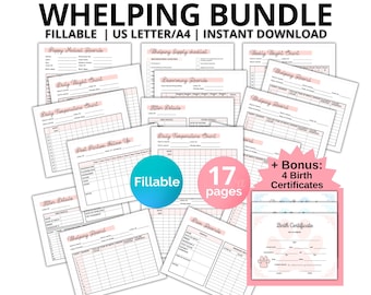 May include: A printable set of 17 fillable pages for tracking a dog's whelping, including daily weight charts, temperature charts, and puppy details. The set also includes 4 printable birth certificates. The pages are designed with a pink and white color scheme.