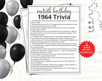 1964 Trivia Game, 60th Birthday Party Games, Born in 1964 Game, 1964 Birthday Games, 60th Birthday Games