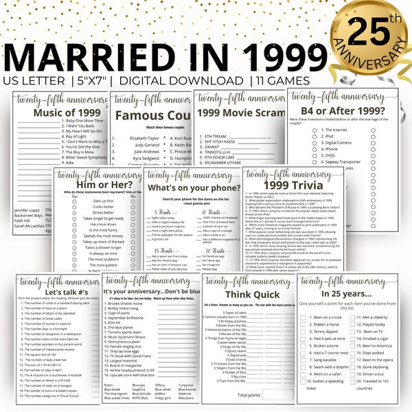 25th Wedding Anniversary Games, Married in 1999 Game, 1999 Silver Anniversary Games, 25th Anniversary Games, Printable 11 Game Bundle Gift