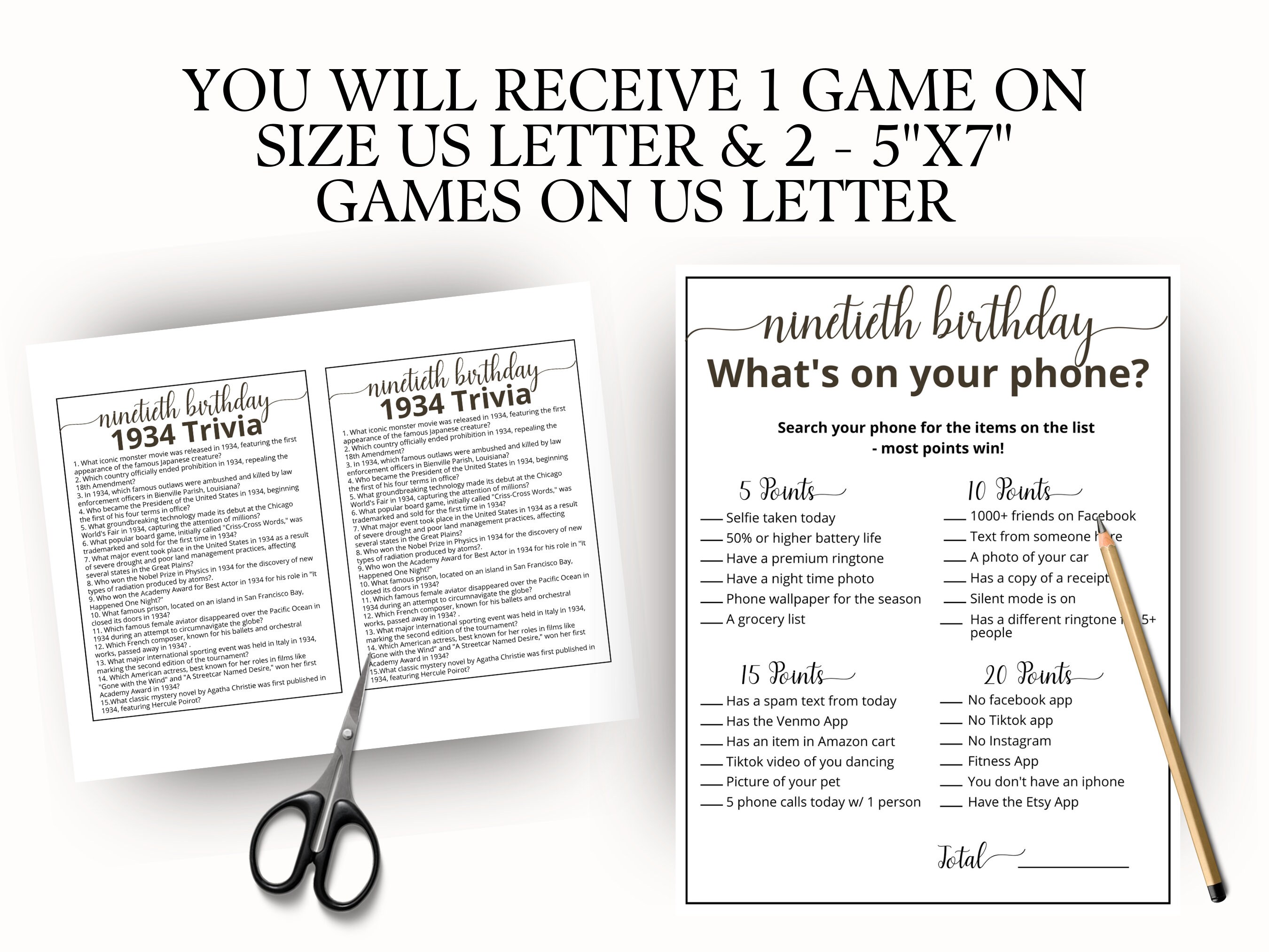 90th Birthday Party Games, Born in 1934 Game, 1934 Birthday Games, 90th ...
