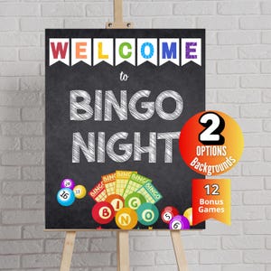 May include: A black chalkboard sign featuring the text WELCOME to BINGO NIGHT in white chalk-style font. Above the text are colorful pennants. Below are bingo cards and numbered balls. A circular orange badge states 2 OPTIONS Backgrounds.