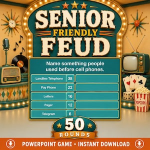 May include: A Senior Friendly Feud PowerPoint game graphic featuring a teal and gold scoreboard with the question Name something people used before cell phones, listing answers like Landline Telephone, Pay Phone, Letters, Pager, and Telegram.