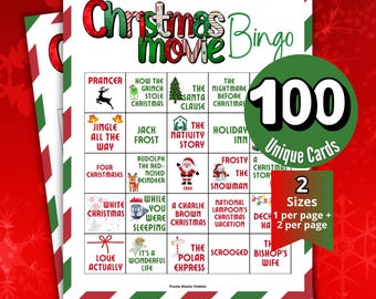 May include: A Christmas movie bingo game sheet featuring a grid of holiday film titles like The Santa Clause and Frosty the Snowman. The document includes text stating 100 unique cards and 2 sizes, with red and green diagonal striped borders.