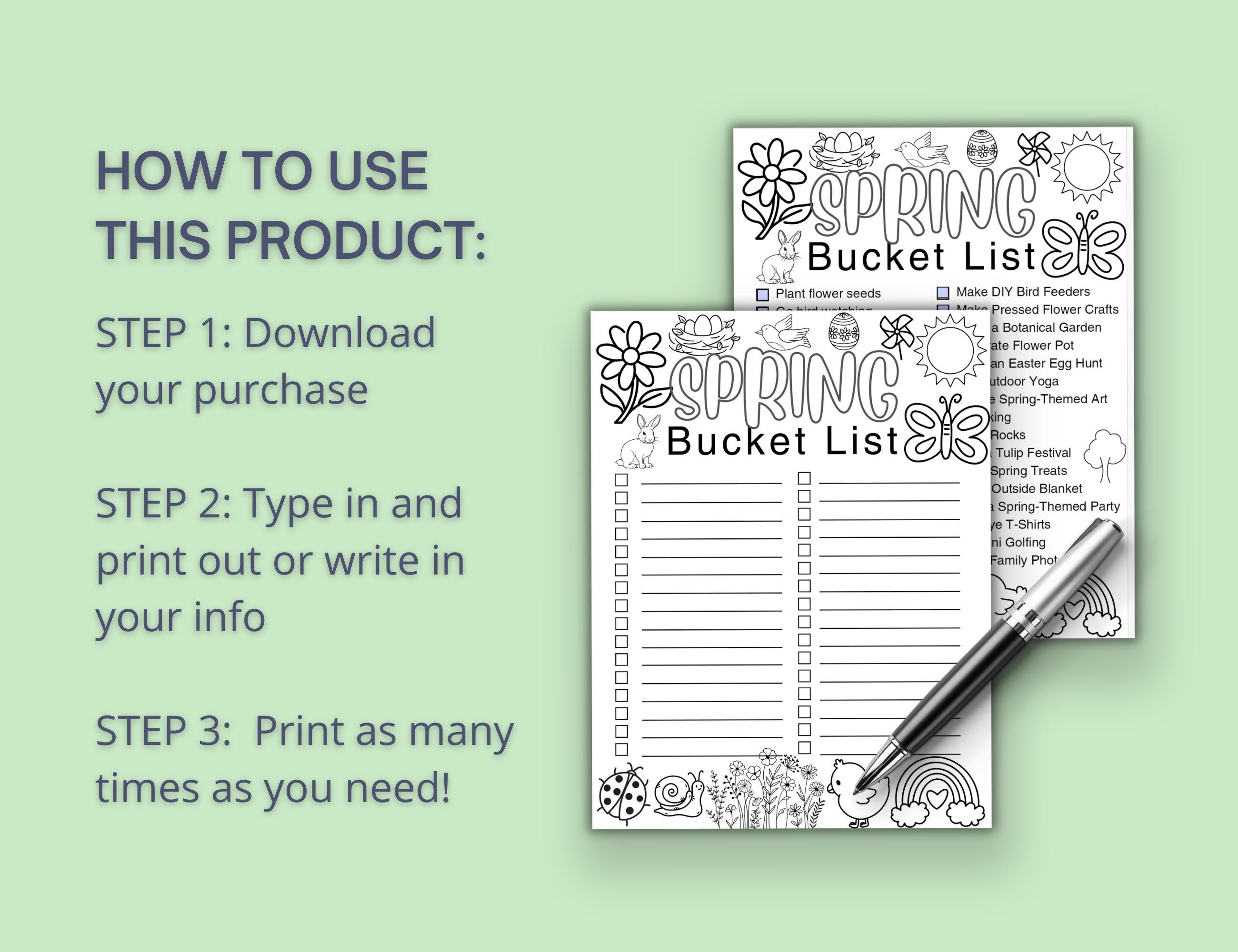 Spring List Printable Spring Bucket List Printable - Editable PDF, Fun Spring Activities ...