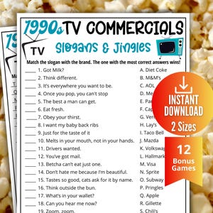 Peut inclure: Une feuille de jeu imprimable intitulée "Publicités télévisées des années 1990" avec un jeu d'association de slogans et de marques. La feuille comprend 12 jeux bonus et est disponible en deux tailles. Le fond est un tas de pop-corn.