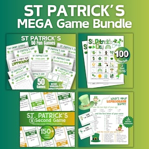 May include: A St. Patrick's Day game bundle with various printable games. The image features multiple game cards, including bingo, trivia, and word searches, with green and white designs. Text includes "St. Patrick's Day" and "Instant Download."
