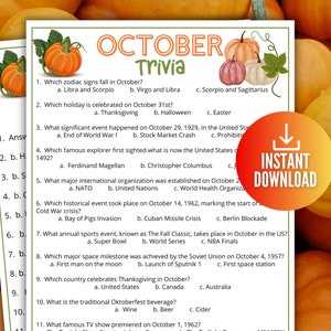 Op de afbeelding: Een afdrukbaar oktober Trivia-spelblad met een pompoenthema. Het blad bevat triviavragen over feestdagen, historische gebeurtenissen en popcultuur. Een ronde oranje knop met de tekst "Direct downloaden" staat rechts.