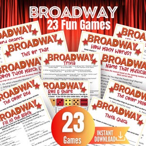 Pode incluir: Uma coleção de 23 folhas de jogos imprimíveis com o tema Broadway, incluindo títulos como Broadway Trivia, Word Search, This or That, Song Tune Match Up, Name That Musical, Roll and Share, Fill in the Blank e Think Quick.