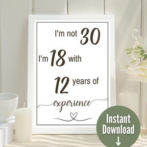 Placa engraçada de 30º aniversário, pôster para festa de aniversário de 30 anos, não tenho 30 anos, tenho 18 e 12 anos de experiência, folheto de aniversário para impressão