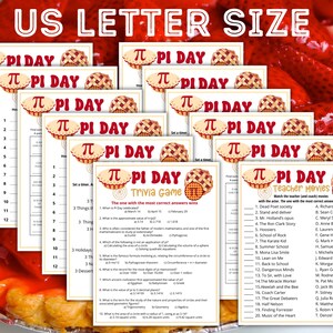 May include: A set of printable Pi Day trivia game cards featuring a pie graphic and the text "Pi Day". The cards include trivia questions about the mathematical constant pi, as well as a teacher movie matching game.