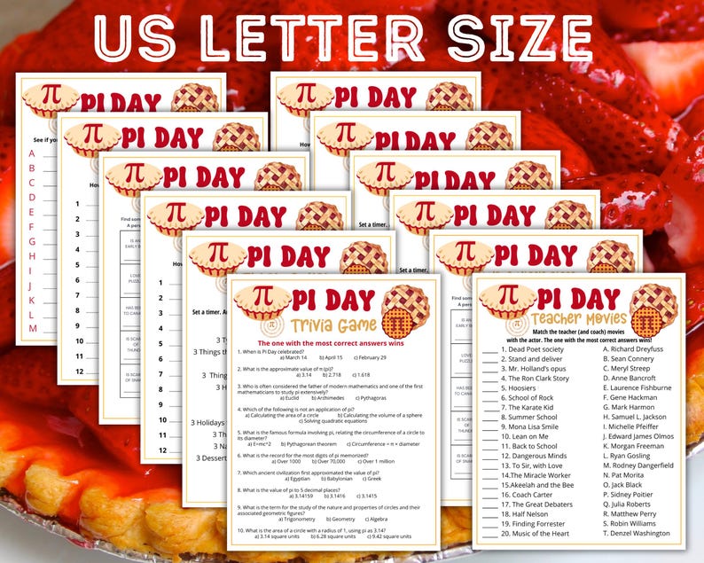 May include: A set of printable Pi Day trivia game cards featuring a pie graphic and the text "Pi Day". The cards include trivia questions about the mathematical constant pi, as well as a teacher movie matching game.