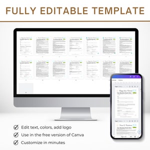 May include: A computer monitor and smartphone display a document template. The monitor shows multiple pages of the template, while the phone displays a single page. Text on the screen reads "FULLY EDITABLE TEMPLATE". Additional text highlights features: edit text, colors, add logo, use Canva, and customize.