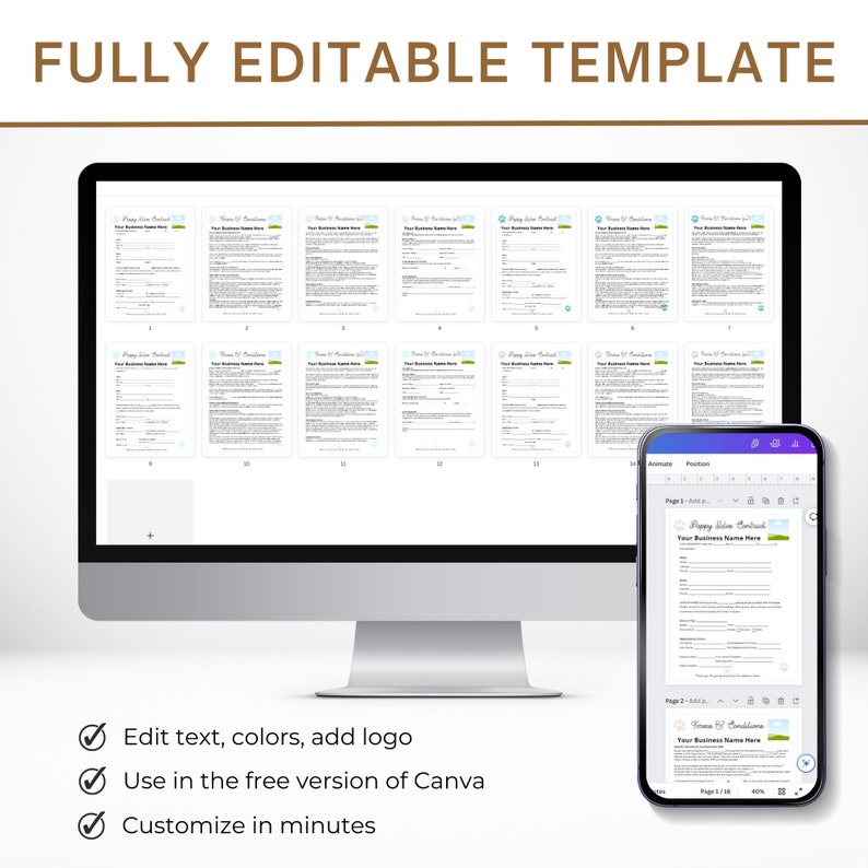 May include: A computer monitor and smartphone display a document template. The monitor shows multiple pages of the template, while the phone displays a single page. Text on the screen reads "FULLY EDITABLE TEMPLATE". Additional text highlights features: edit text, colors, add logo, use Canva, and customize.