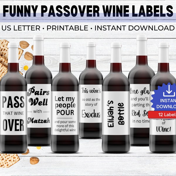 Passover Wine Labels, Set of 12 Funny Passover Labels for Pesach Seder, Last Minute  Seder Gift– Instant Download can print stickers
