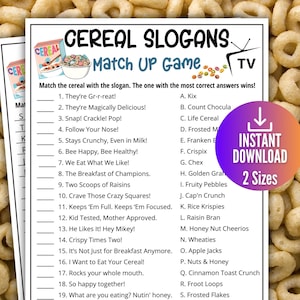 Cereal Slogan Trivia Game, Ad Slogan Match Up Quiz, Printable TV Commercial Game for Kids & Adults,Family Game Movie Night, Office Party Fun