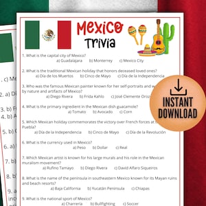 Gioco a quiz sul Messico, gioco messicano a scelta multipla stampabile, attività per l'aula di spagnolo, idee di viaggio e festa per insegnanti, gioco sul cibo TexMex
