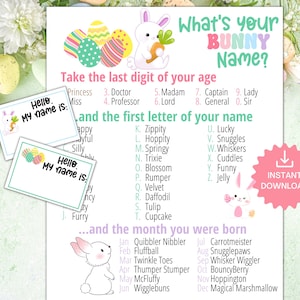 May include: A printable game for a baby shower or birthday party. The game asks "What's your bunny name?" and instructs players to take the last digit of their age and the first letter of their name to find their bunny name. The game features a pink bunny with a carrot and a pink background with pastel green and white accents.
